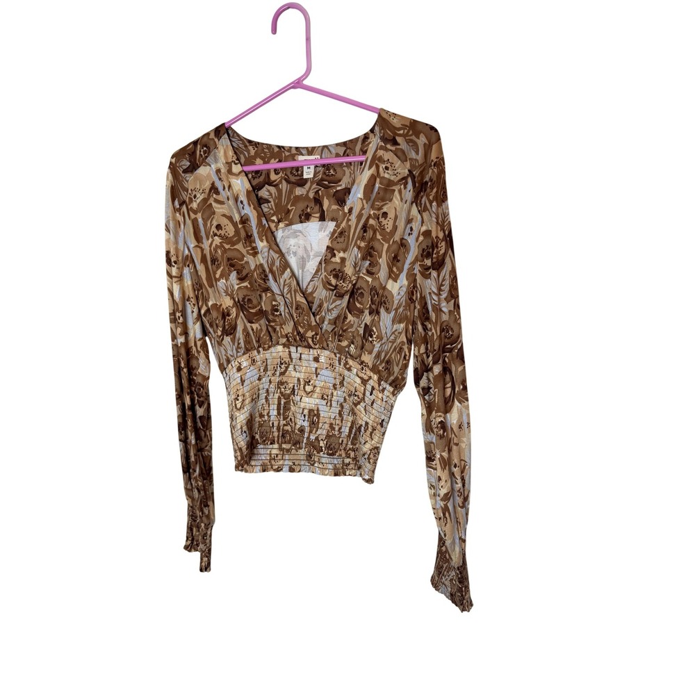 Tiny Blouse Womens Medium Brown Floral V Neck Smocked Waist Long Sleeve Top